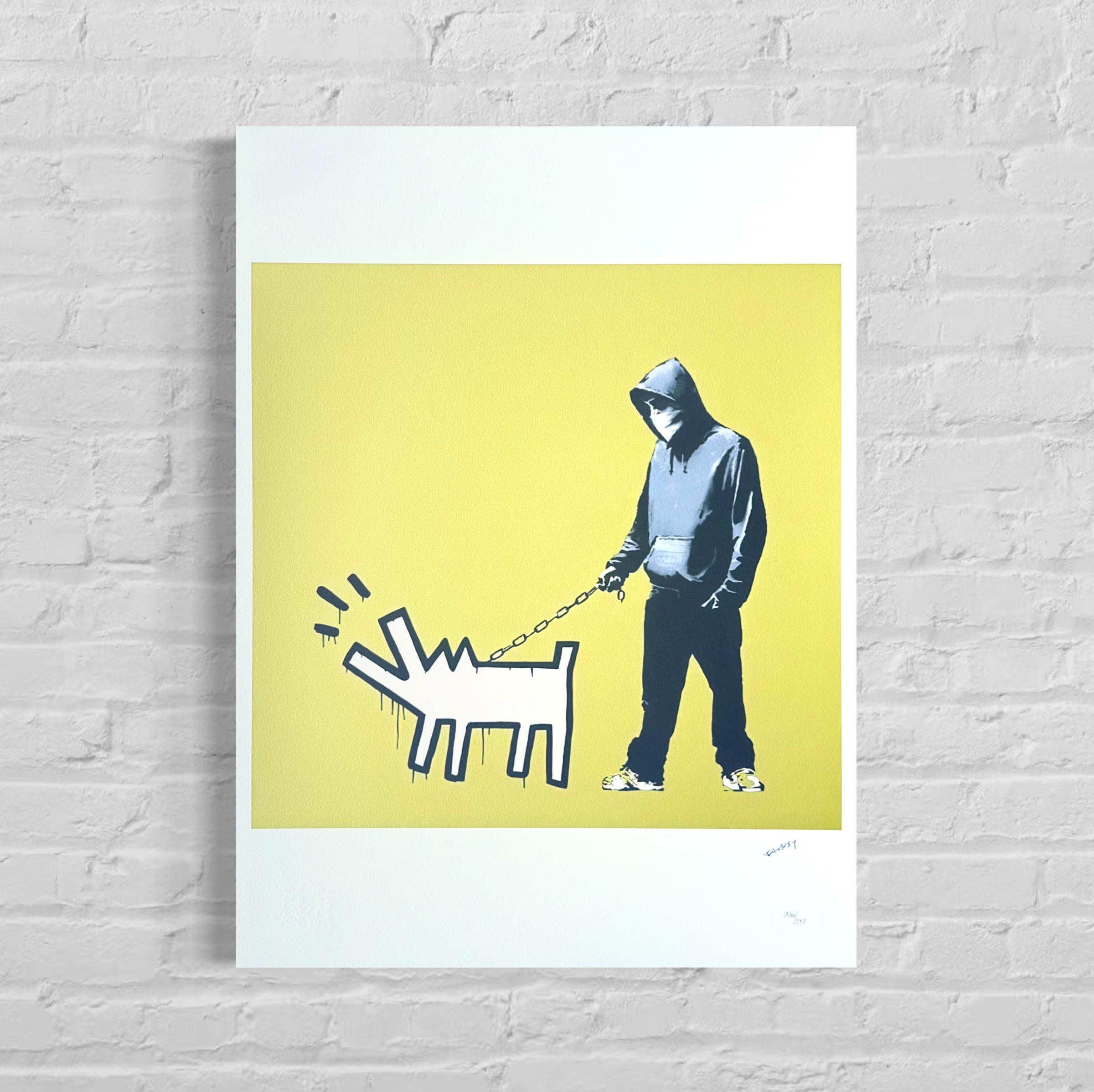 Genummerde editie BANKSY Barking dog (kaki geel) Gesigneerd - certificaat - Wall Art, Grafitti Art, Lithograph, Stencil Art